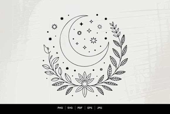 Download Celestial Moon Floral Line Art SVG - Art Collection