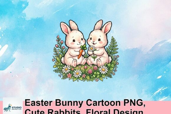 Download Easter Bunny Cartoon PNG, Cute Rabbits, Floral Design - Art Collection