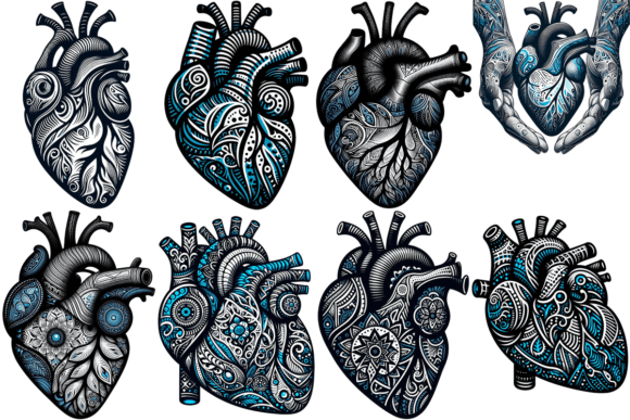Download 8 Human Heart Intricate Patterns Bundle - Art Collection